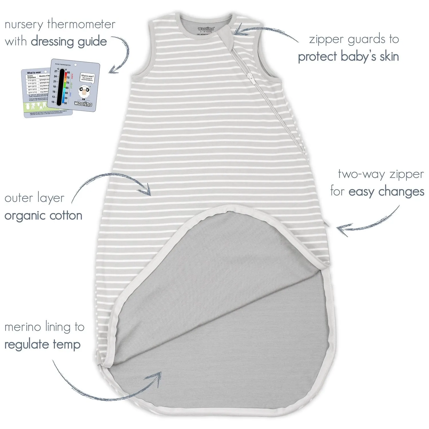 4 Season Basic Baby Sleeping Bag, Merino Wool & Organic Cotton, Star White