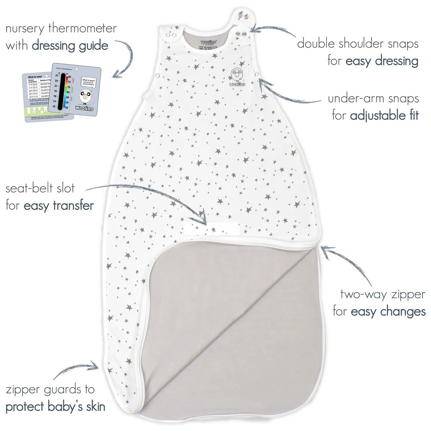 4 Season Ultimate Baby Sleep Bag, Merino Wool & Organic Cotton, 2 Months - 2 Years, Teddy Bear