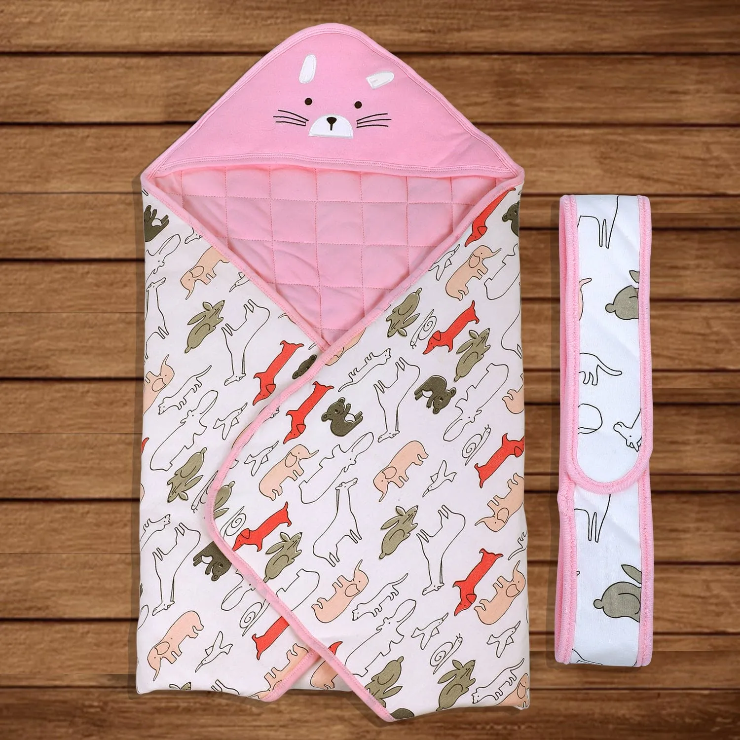 Baby Moo Kitty Warm Hooded Quilted Wrapper - Pink