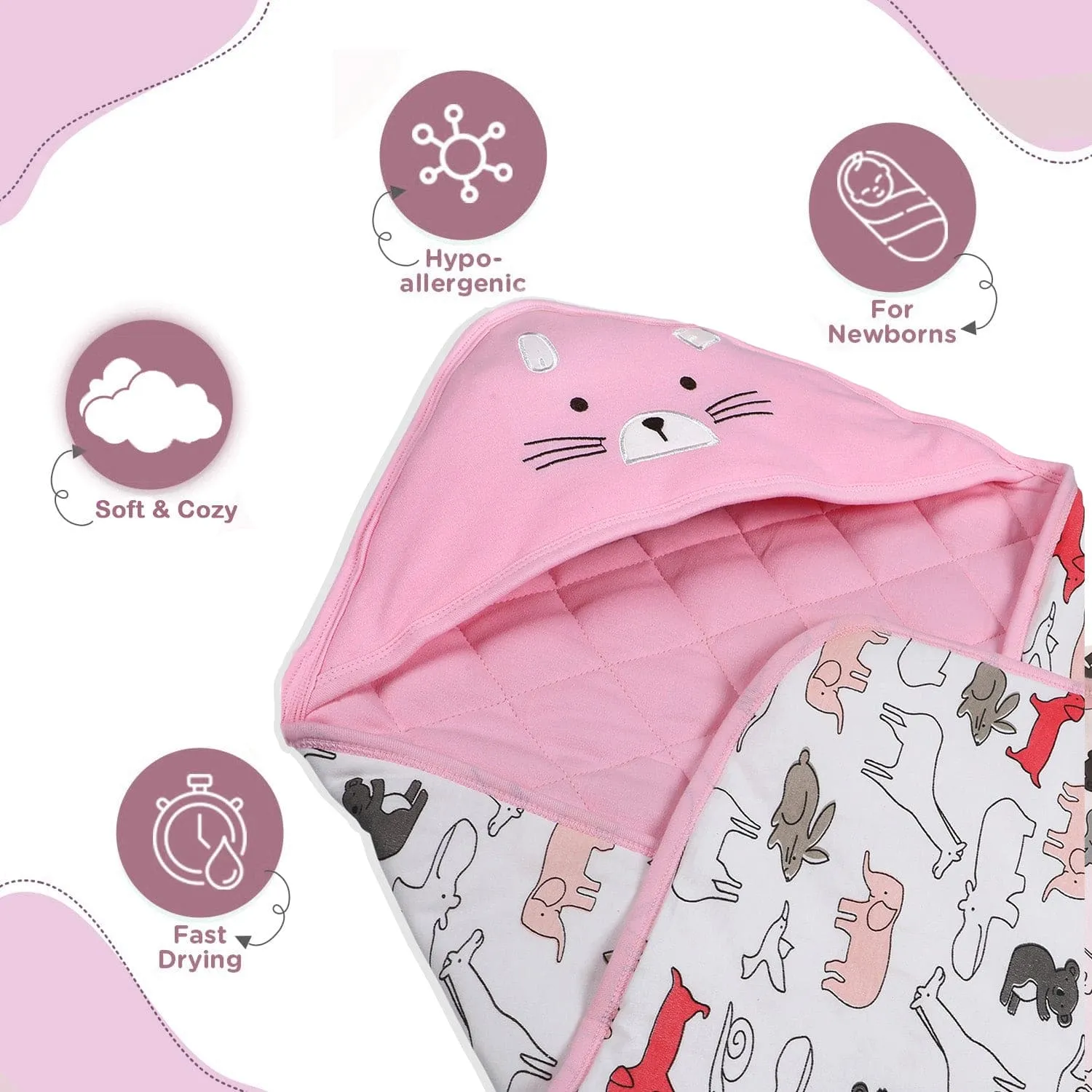 Baby Moo Kitty Warm Hooded Quilted Wrapper - Pink