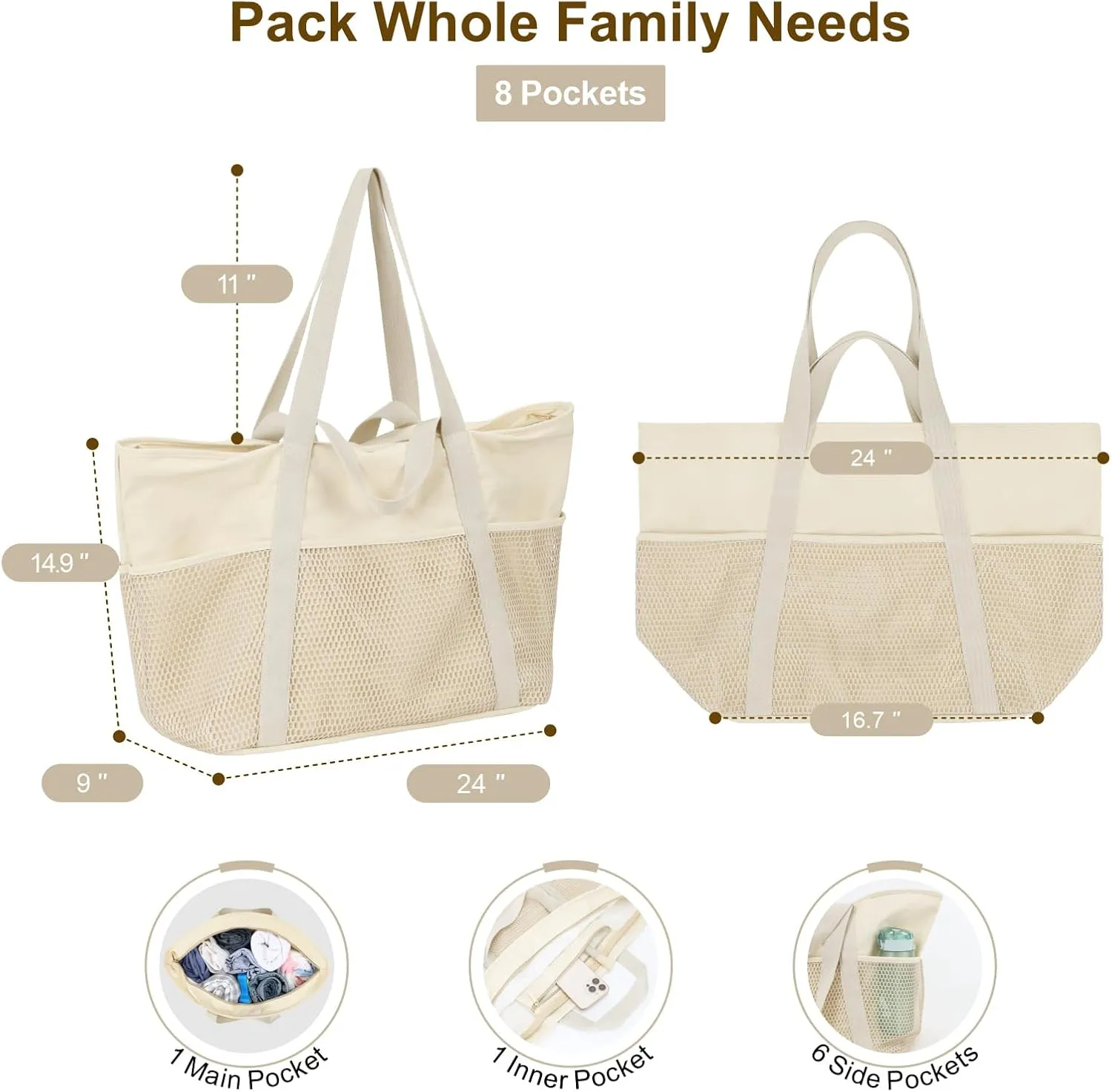 F-color Waterproof Beach Bags for Women - Machine Washable Travel Tote Bag with Zipper Cruise Swim Vacation Essentials