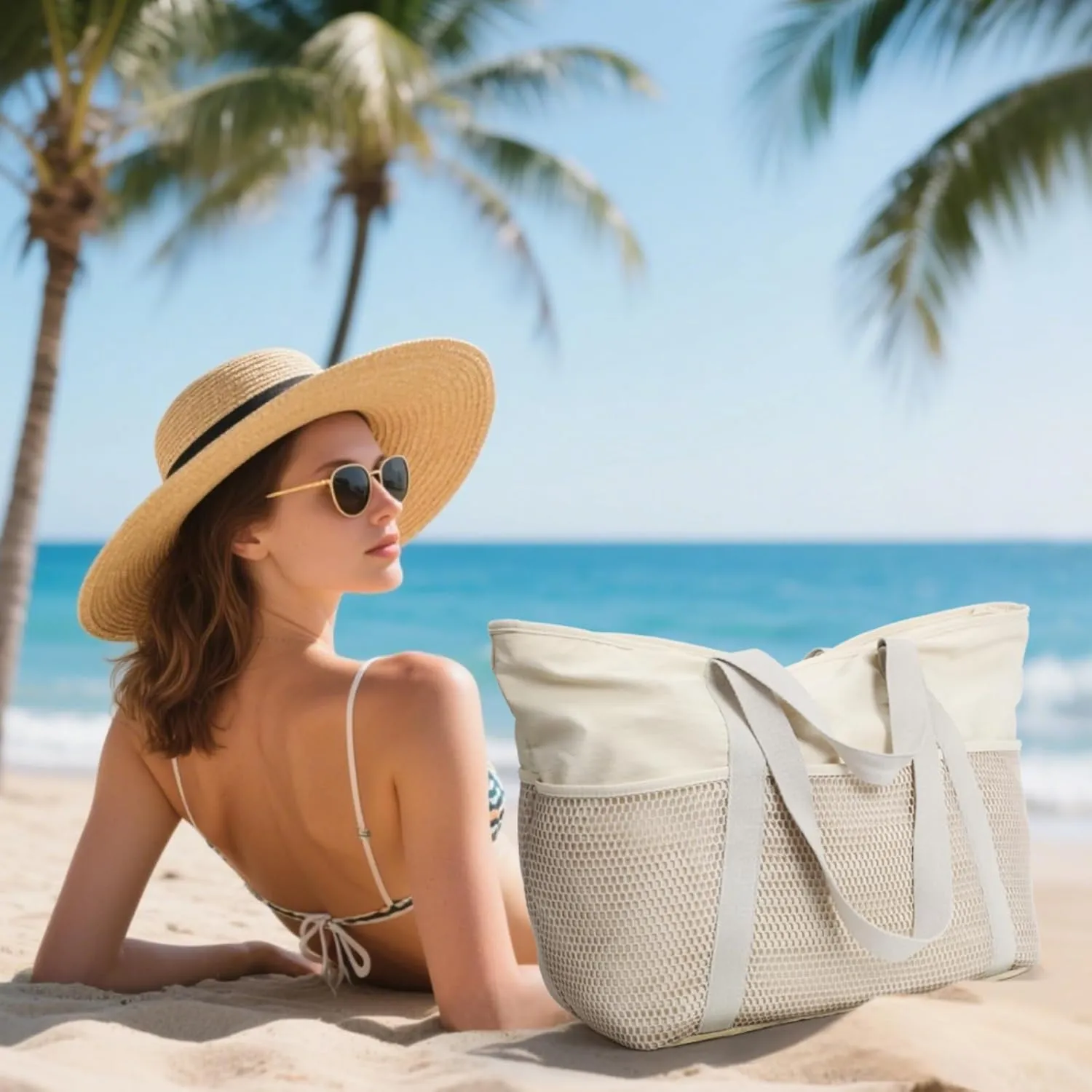 F-color Waterproof Beach Bags for Women - Machine Washable Travel Tote Bag with Zipper Cruise Swim Vacation Essentials