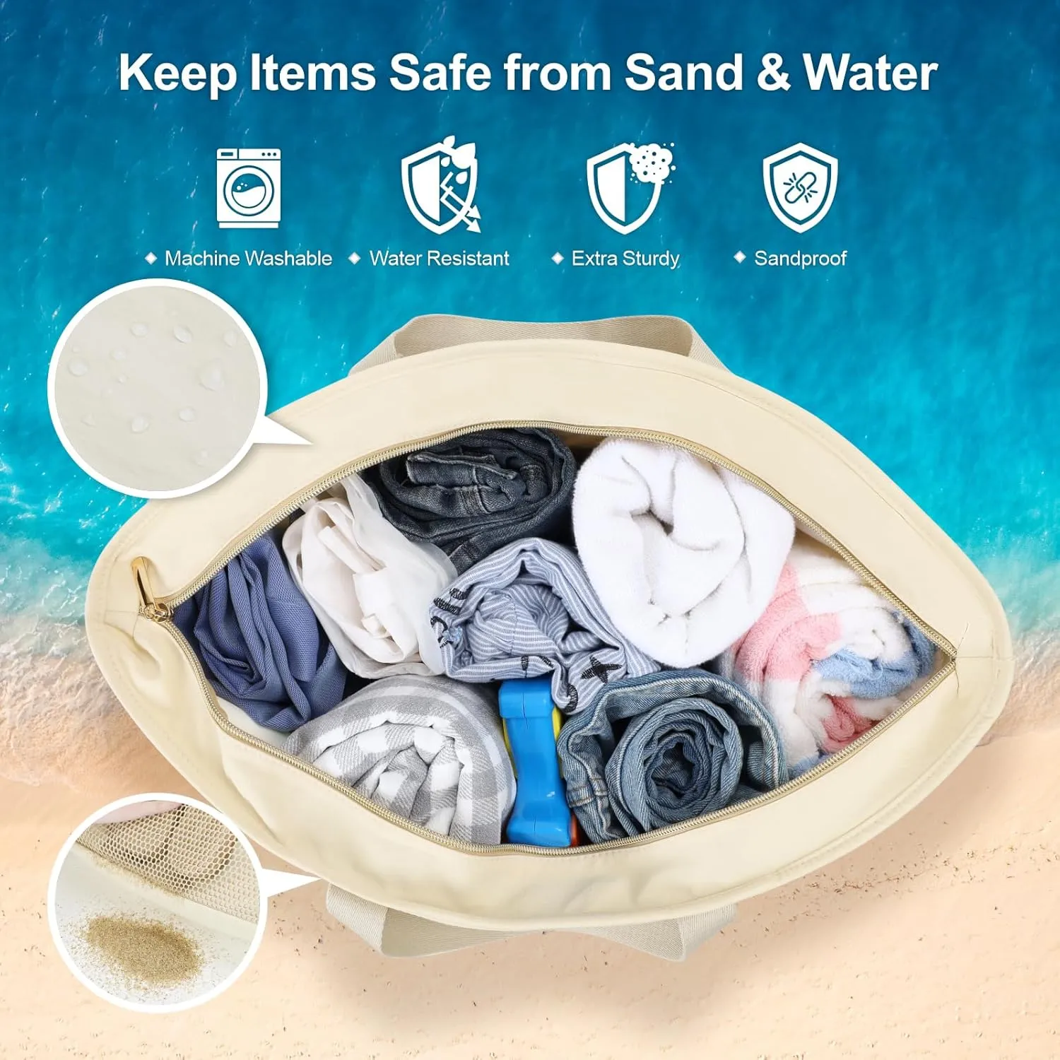 F-color Waterproof Beach Bags for Women - Machine Washable Travel Tote Bag with Zipper Cruise Swim Vacation Essentials