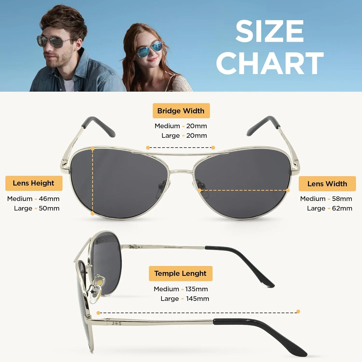 J S Premium Military Style Classic Aviator Sunglasses, Polarized, 100% UV protection for Men Women