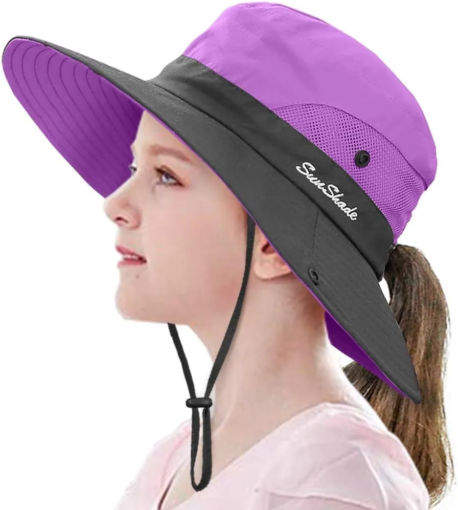 LCZTN Kids Ponytail Sun Hat Wide Brim UV Protection for Girls Beach Bucket Cap