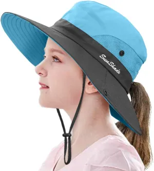 LCZTN Kids Ponytail Sun Hat Wide Brim UV Protection for Girls Beach Bucket Cap