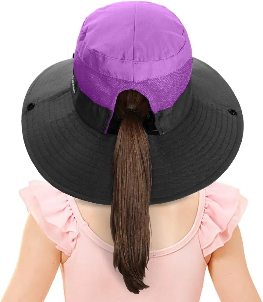 LCZTN Kids Ponytail Sun Hat Wide Brim UV Protection for Girls Beach Bucket Cap