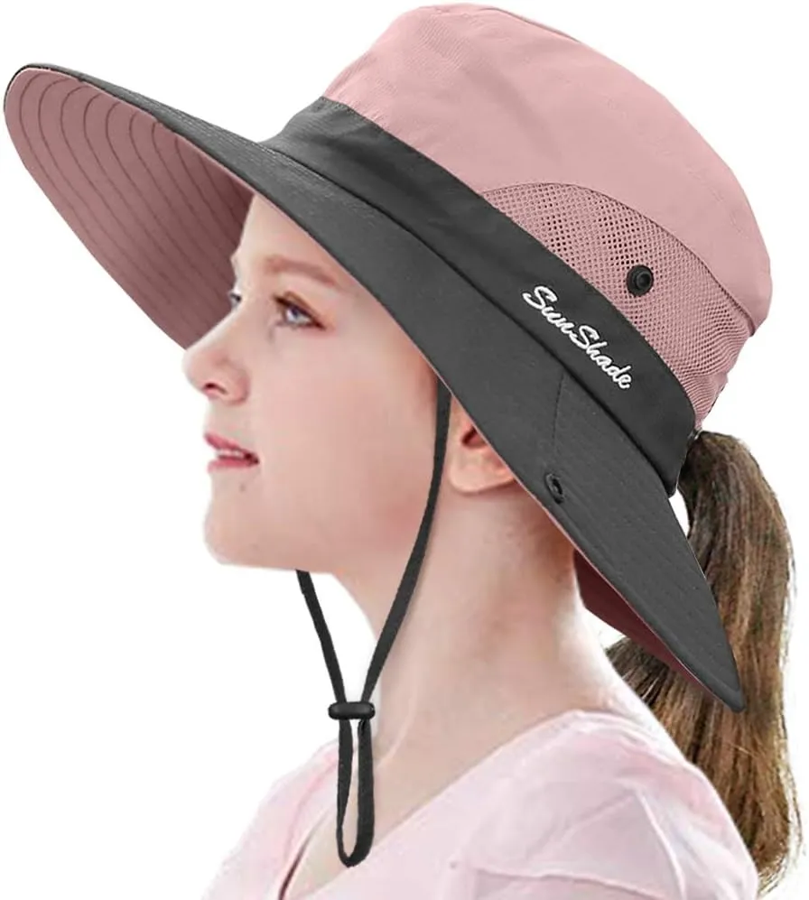 LCZTN Kids Ponytail Sun Hat Wide Brim UV Protection for Girls Beach Bucket Cap