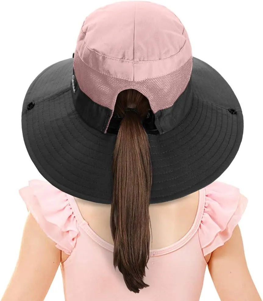 LCZTN Kids Ponytail Sun Hat Wide Brim UV Protection for Girls Beach Bucket Cap