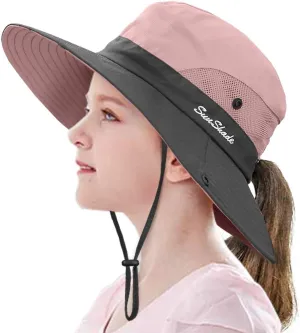 LCZTN Kids Ponytail Sun Hat Wide Brim UV Protection for Girls Beach Bucket Cap