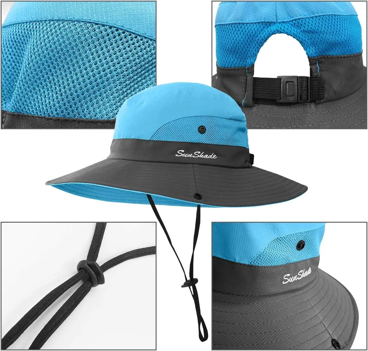 LCZTN Kids Ponytail Sun Hat Wide Brim UV Protection for Girls Beach Bucket Cap