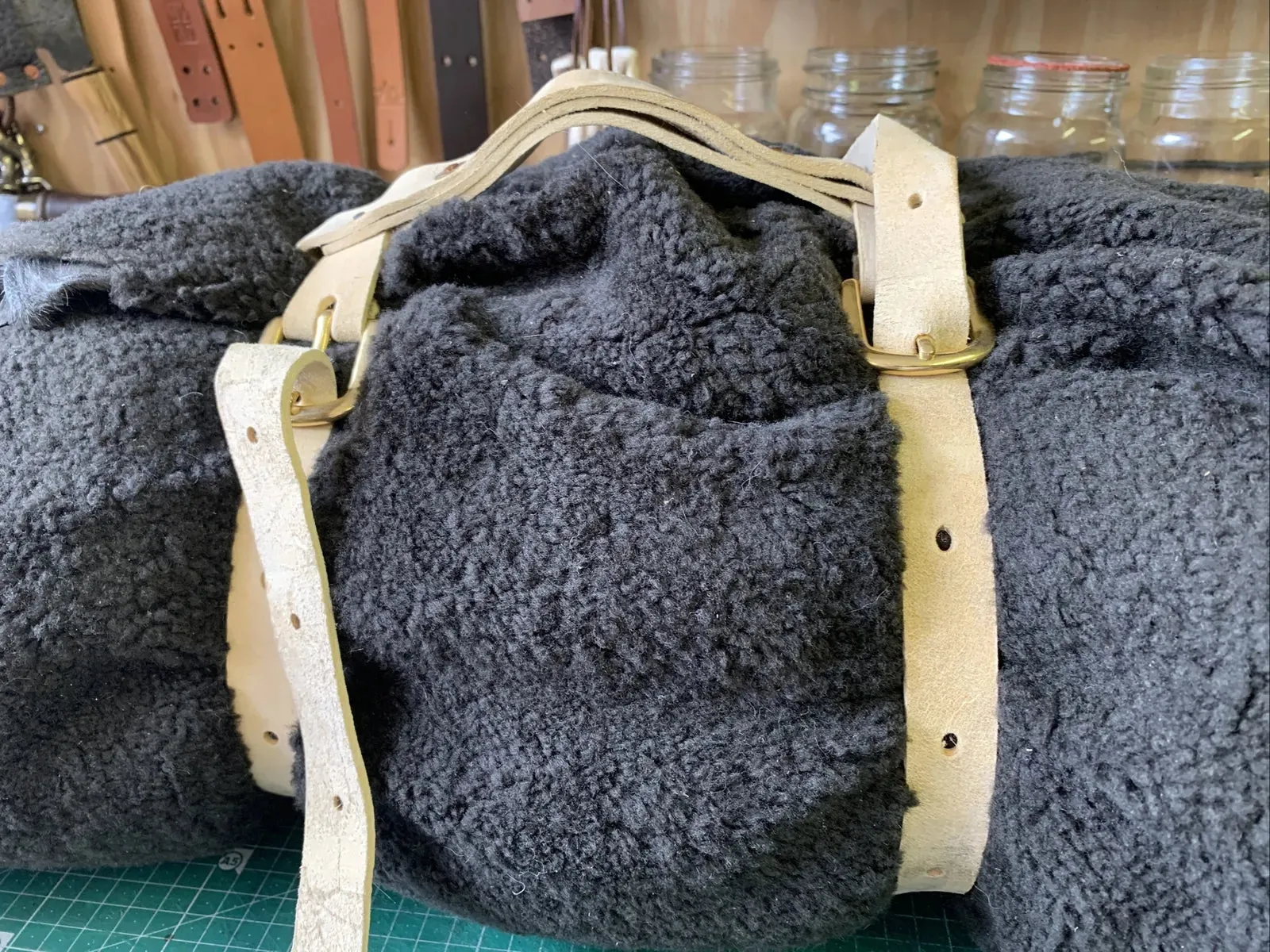Leather blanket, bedroll & tarp carry straps with handle