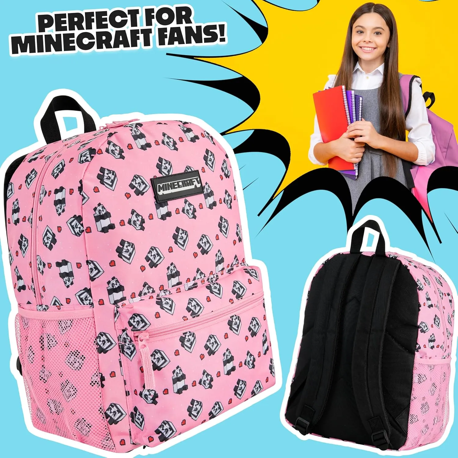Minecraft Backpack for Boys Kids Teens Adjustable Straps Front Pocket Daypack Backpacks for Sports Gym School Gamer Gifts (Pink)