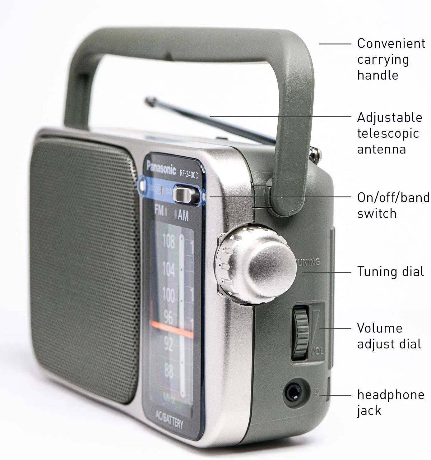 Panasonic Portable AM / FM Radio Silver   4x AA Batteries With Charger   Cloth Bundle