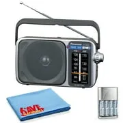 Panasonic Portable AM / FM Radio Silver   4x AA Batteries With Charger   Cloth Bundle