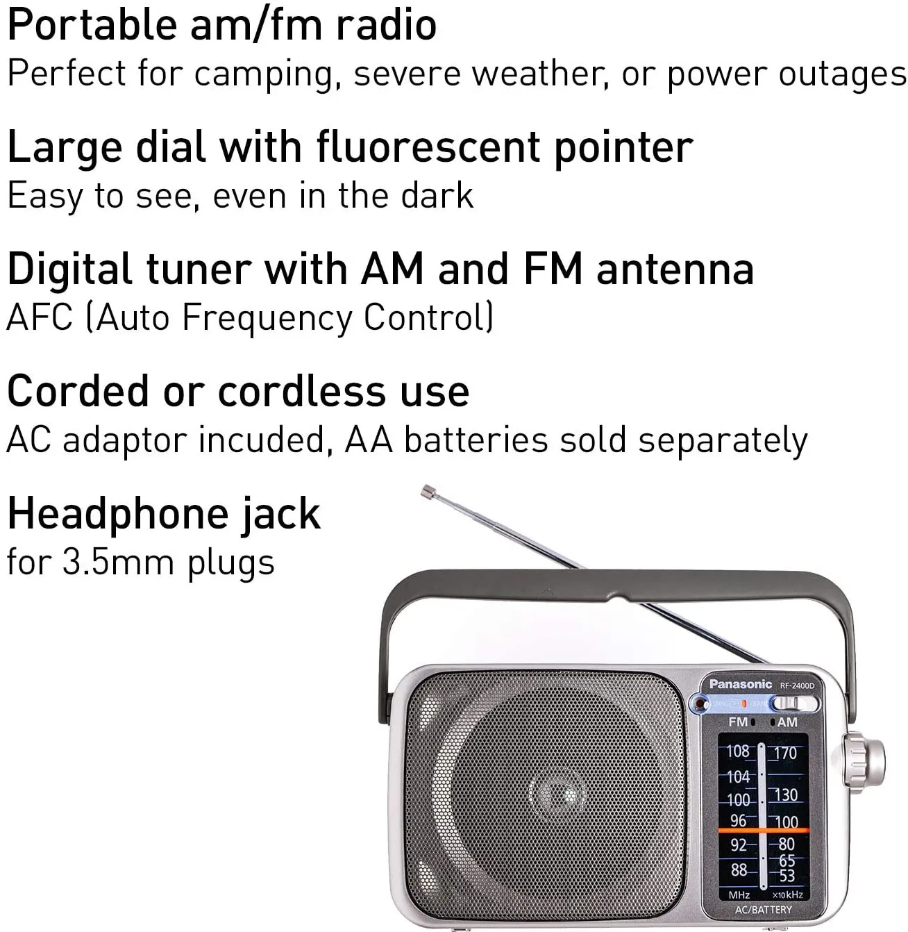 Panasonic Portable AM / FM Radio Silver   4x AA Batteries With Charger   Cloth Bundle