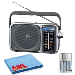 Panasonic Portable AM / FM Radio Silver   4x AA Batteries With Charger   Cloth Bundle