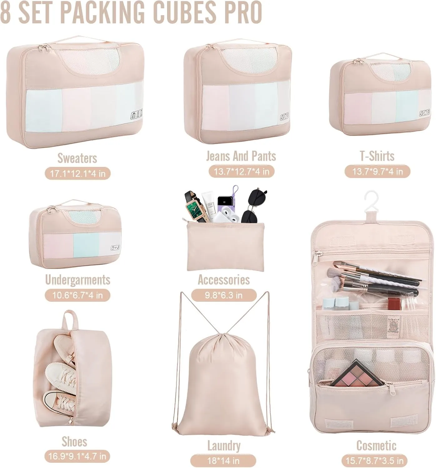 Veken 8 Set Packing Cubes for Travel, Beach Vacation Essentials Accessories for Cruise Ship, Suitcase Organizer Bags for Luggage with Hanging Toiletry & Shoe Bag, Birthday Gifts for Women Mom Her
