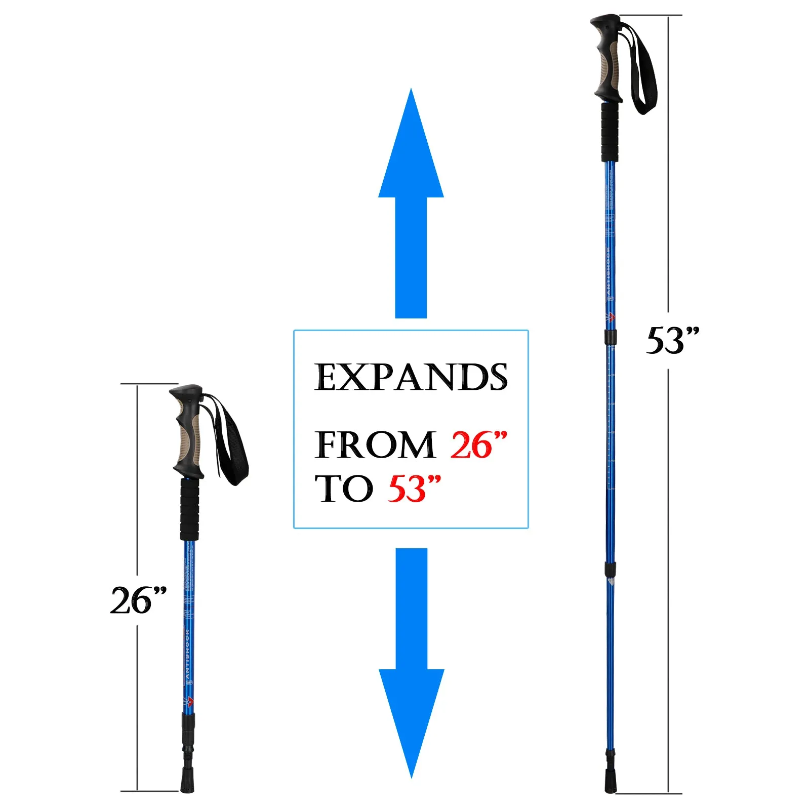 ZENY™ Portable Trekking Poles 2 Pack Lightweight Aluminum Hiking Walking Trail Poles Walking Sticks with Anti-Shock Mechanism and Ergonomic Grips,Length Adjustable from 25.5'' Up to 53'',1 Pair