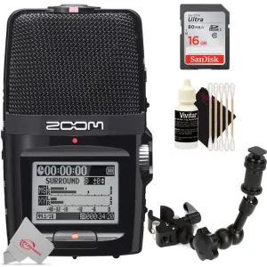 Zoom H2n ext 2-Input / 4 Track Handy Digital Audio Stereo Recorder With 5 Built-In Mic Array    ZOOM HRM-7 Handy Recorder Mount - 7 Inch     16GB Memory Card   3pc Cleaning Kit